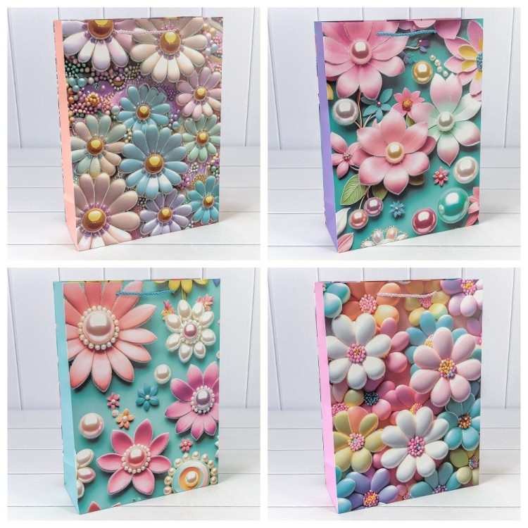 Пакет подарочный с блёстками "Цветы" (микс 262) 30*41,5*12 210г 1/20 1/80 Арт: 000262A