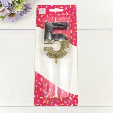 Свеча для торта Цифра 5 с блёстками 7*4,9*1,1 Чёрный/Золотой 1/12 1/120 Арт: 20010-66/5