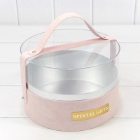 Коробка Круглая 21*14 бархатная с ручкой и прозрачной крышкой Бледно-розовый 1/16 Арт: 720102/6