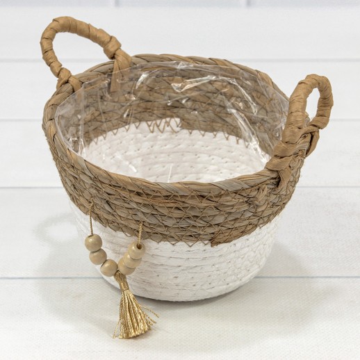 Корзина плетёная Круглая 15*12/15 (±5%) из камыша и бумаги с ручками Натуральный/Белый 1/96 Арт: 420125/1
