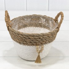 Корзина плетёная Круглая 18*13/17 (±5%) из камыша и бумаги с ручками Натуральный/Белый 1/96 Арт: 420126/1