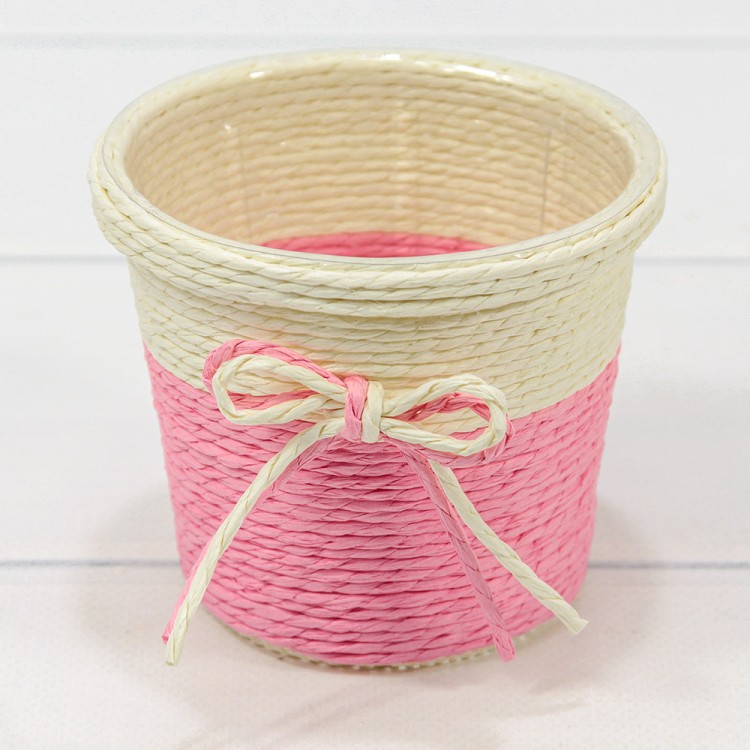 Кашпо плетёное Круглое 10*9 (±5%) из бумаги с бантиком Розовый 1/100 Арт: 420144/2