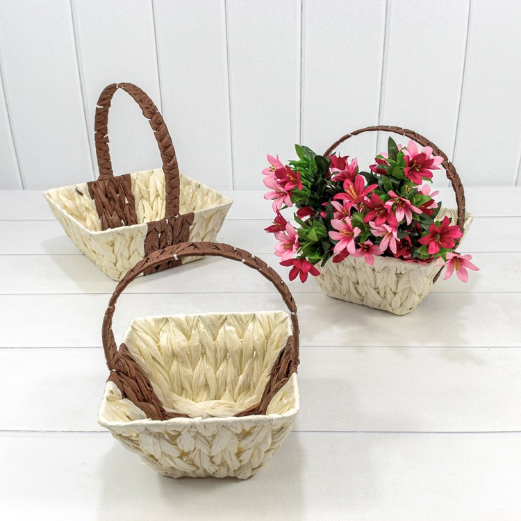 Корзины плетёные Квадратные Набор 1/3 22*22*10/25 (±5%) из бумаги с ручкой Бежевый/Коричневый 1/20 Арт: 420193/230