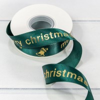 Лента Атласная Полиэстер "Merry Christmas" 2,5см*25ярд Зелёный 1/5 1/100 Арт: 540-25/3