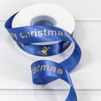 Лента Атласная Полиэстер "Merry Christmas" 2,5см*25ярд Синий 1/5 1/100 Арт: 540-25/4