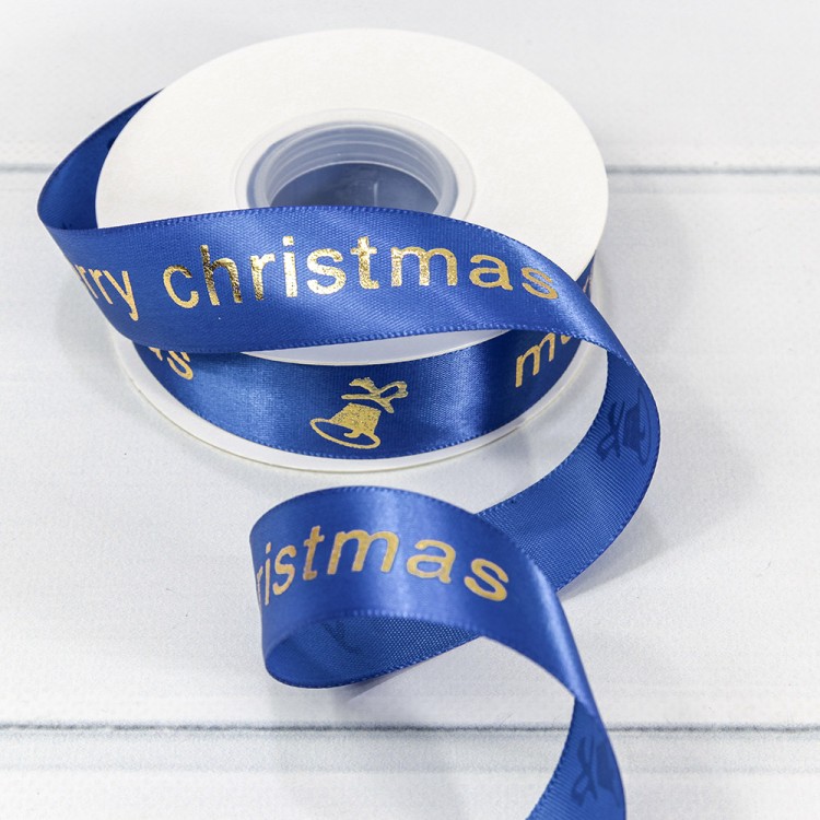 Лента Атласная Полиэстер "Merry Christmas" 2,5см*25ярд Синий 1/5 1/100 Арт: 540-25/4